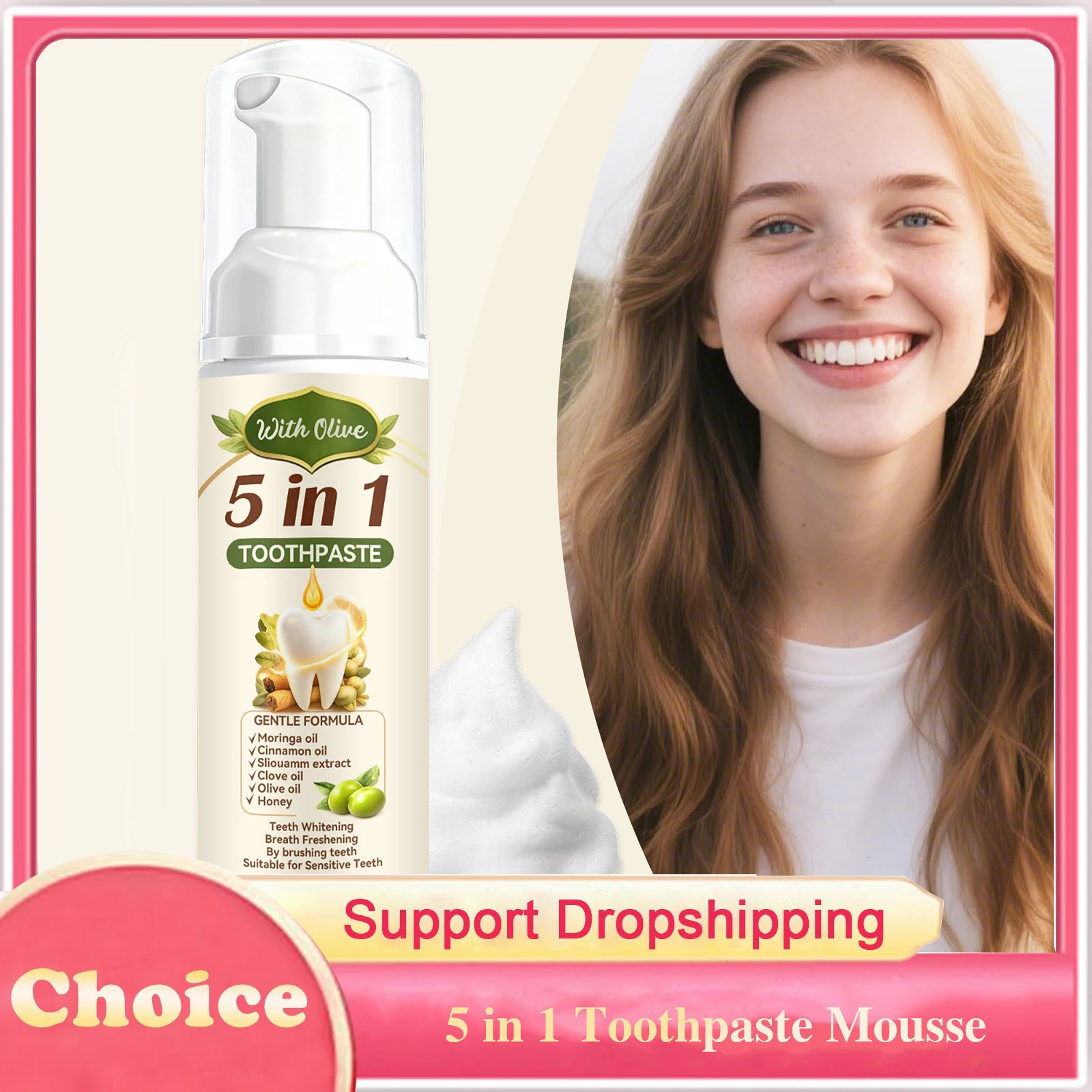 5 in 1 Toothpaste Mousse Teeth Whitening Gentle Cleansing Tooth Stains Fresh Breath Olive Extract Brightening Toothpaste Mousse