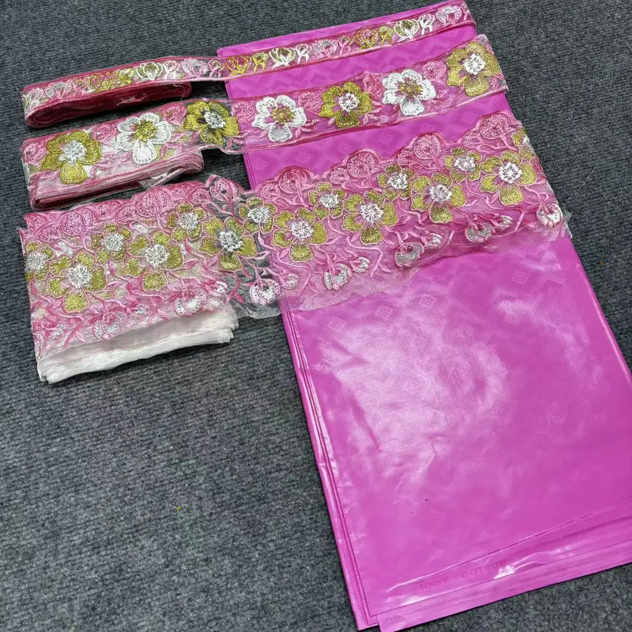 New Fashion 5yards Bazin Rich Fabric with 15yards Embroiered Trims Lace for Women Dress Bazin Material M6-405-1