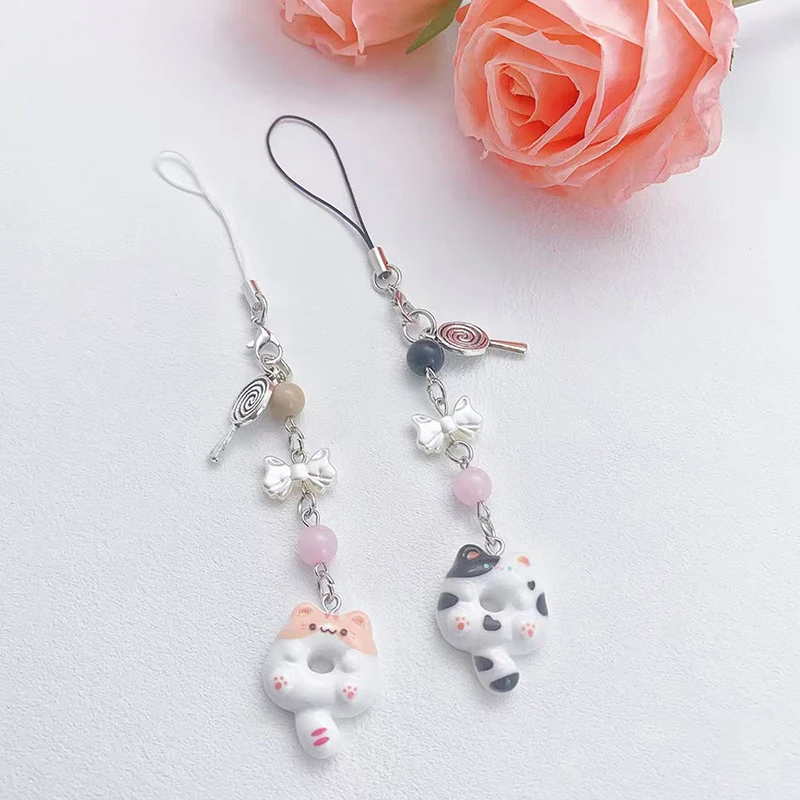Cute Cat Biscuit Cell Phone Charm Lanyard Kawaii Couple Keychain Beaded Bag Pendant Cartoon Camera Headphone Case Lanyard