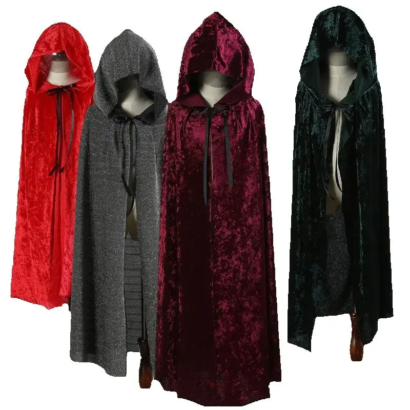 2025 Halloween Costume Kids Adult Hooded Cloak Long Style Red Green Lace Up Velvet Cloak Witch Role Play Cape