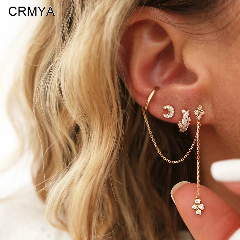 Crmya Chain Earrings for Women Gold-plated Zirconia Hoop Stud Dangle Earring Women Vacation and Party Jewelry Accessories