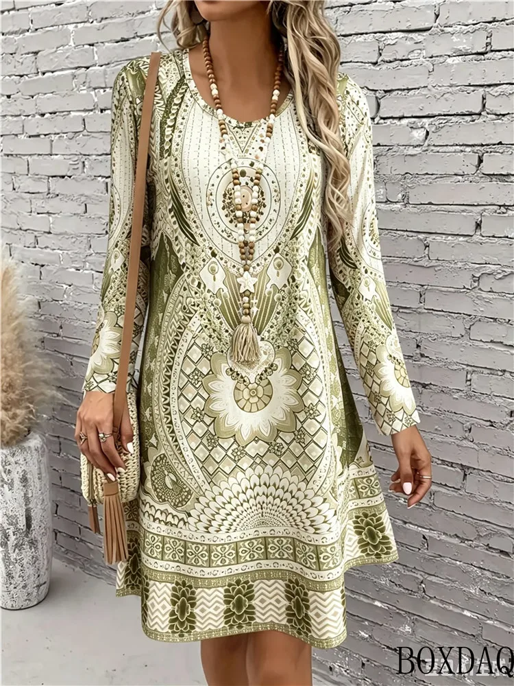 Women's Loose Dresses Autumn Casual Round Neck Long Sleeved Ethnic Style Pattern 3D Printed Dress