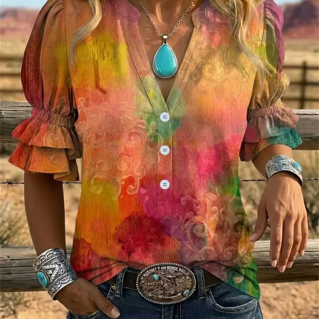 Women V‑Neck Ruffle Short Sleeve Blouse Tie‑Dye Gradient Swirl Print Button Decor Loose Fit Bohemian Western Casual Daily Top