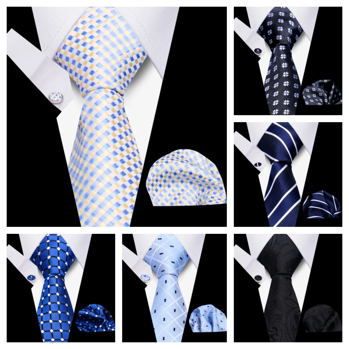 Luxurious Brand Designer Ties For Men Polyester Checkered Stripe Cufflinks Handkerchief Office Wedding Accessories Necktie Set