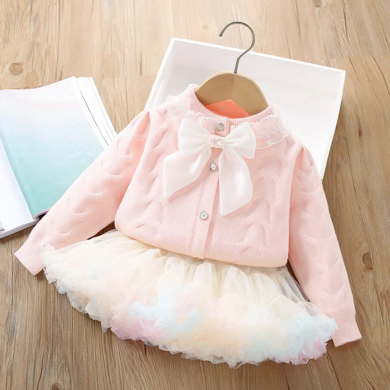 

Girls Sweater Set Autumn New Fashionable Little Girl Solid Color Knitted ToptutuSlip Dress