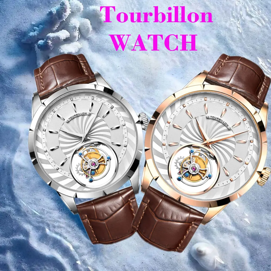 WATCH Flying Tourbillon Skeleton Watch For Men Mechanical Manual Wind Sapphire Waterproof Wristwatch Genuine Leather Male Clocks