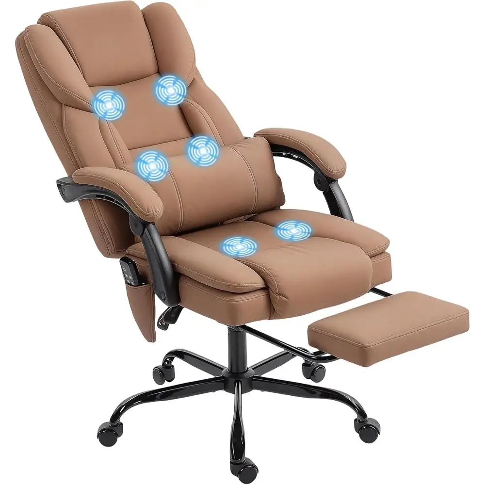 

Ergonomic Reclining Office Chair with Footrest, 6-Point Vibration, Leather-Like Fabric, Adjustable Lumbar Support, Brown