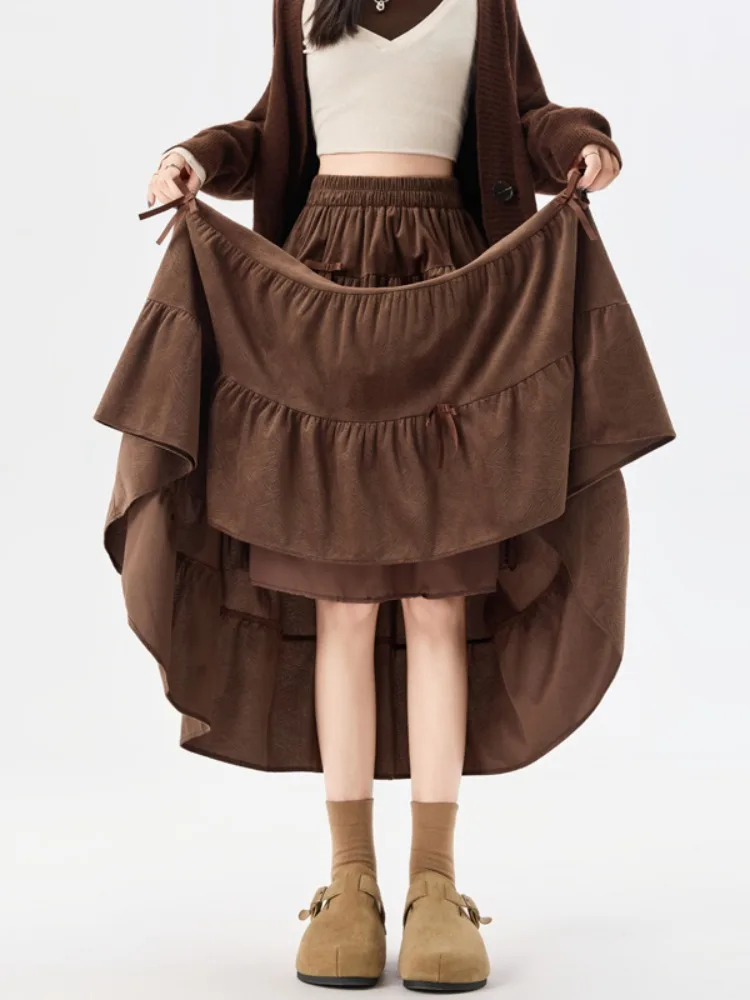 

Юбка миди А-силуэта с высокой талией, женская, осенне-зимняя, кофейного цвета, плиссированная, с драпировкой и узлом, модель Ele Drapey