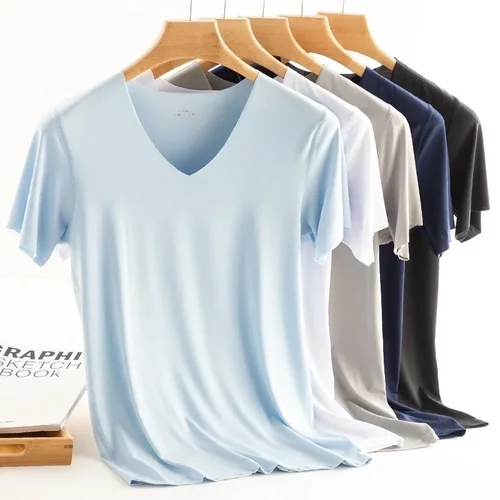 Imagen 2 del producto Camiseta de seda de hielo transpirable sin costuras para hombre, chaleco de moda, Camiseta deportiva de manga corta, camisetas con cuello en V de Color sólido de seda helada de verano