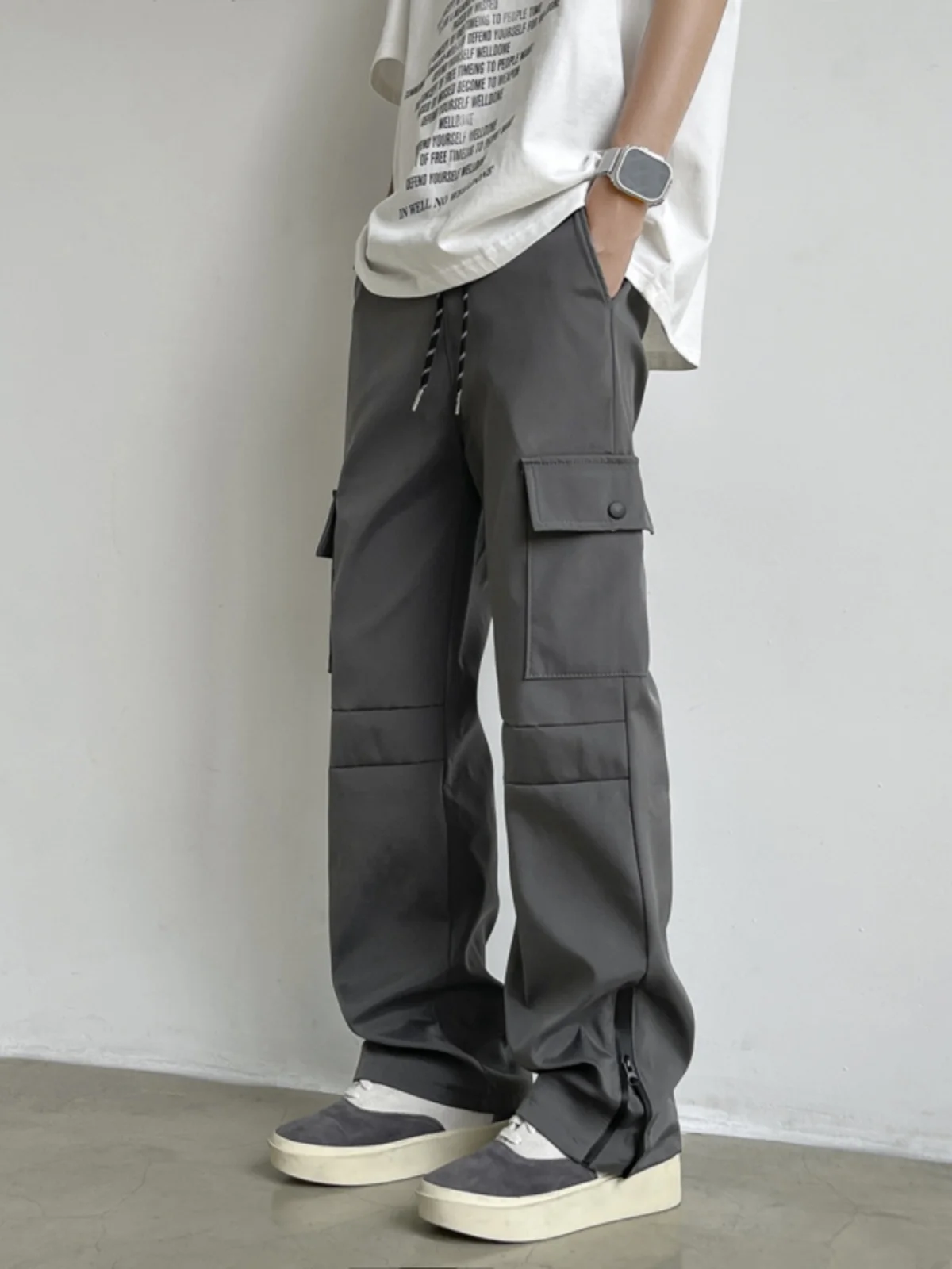 

American Style Waterproof Men's Cargo Pants Summer Straight Leg Zipper Trousers High Street Big Pocket Workwear Trousers