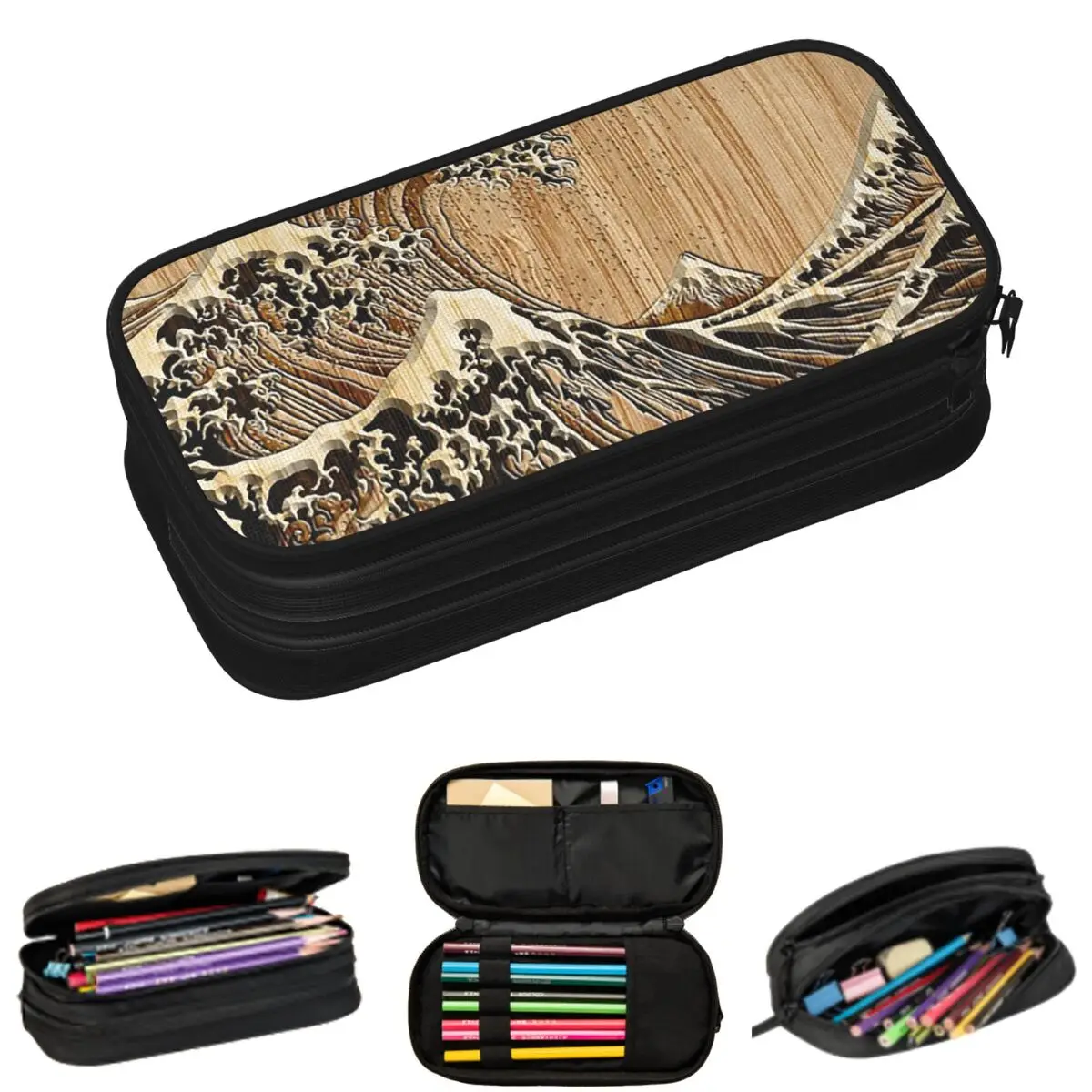 

The Great Hokusai Wave In Bamboo Inlay Style Pencil Cases for Student Gifts Pen Box Pencil Bag Large Storage Pencil Pouch