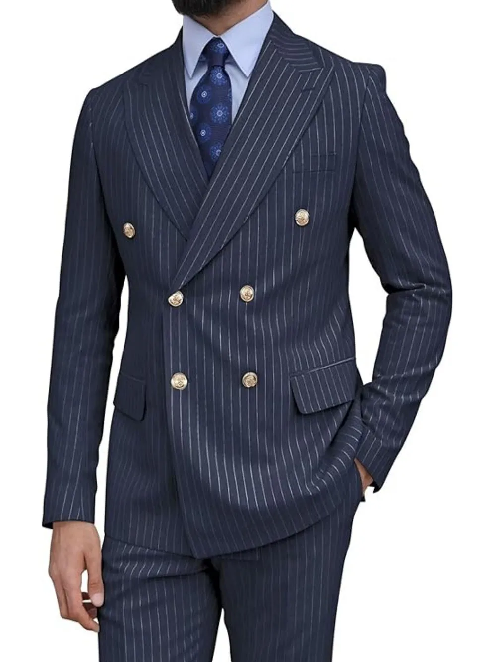 بدلات رجالية مخططة سوداء 2 قطعة طية صدر السترة مزدوجة الصدر ملابس رجالية للحفلات الراقصة وحفلات الزفاف الأنيقة (سترة + بنطلون) فستان العريس