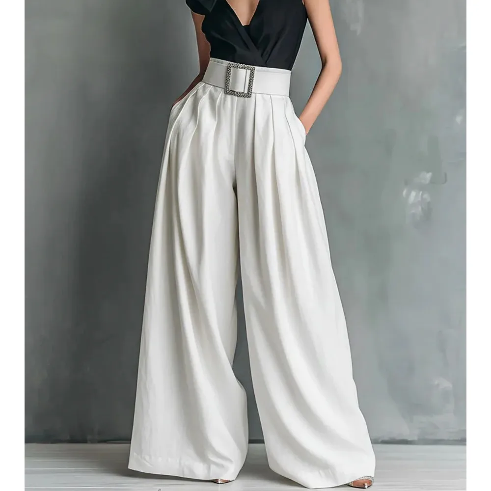 

Однотонные брюки женские летние новые модные с высокой талией свободного кроя для офиса повседневные широкие брюки с карманами Ropa De Mujer