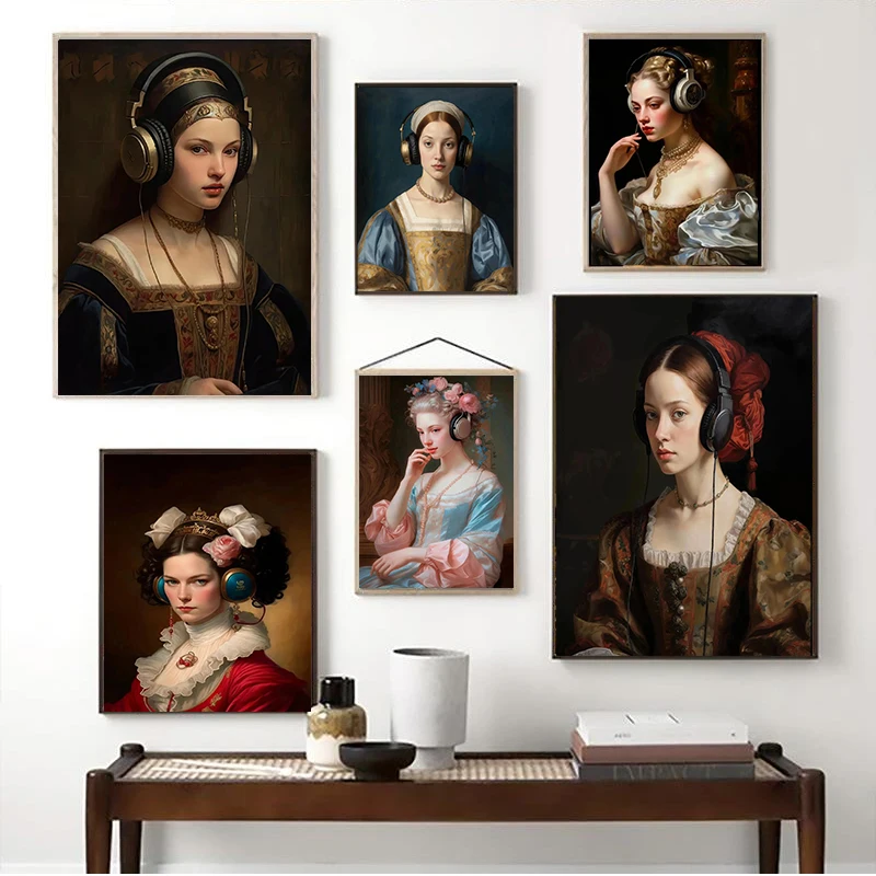 Renaissance Woman Wearing Headphones Figure Poster Print Vintage Altered Art Canvas Painting Baroque Bedroom Home Decor Picture
