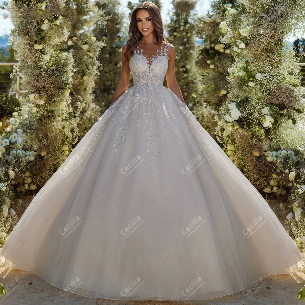 

Exquisite Wedding Dresses A-Line Tulle Tiered Bridal Gowns Lace Appliques Sleeveless Backless Robes Elegant Vestidos De Novia