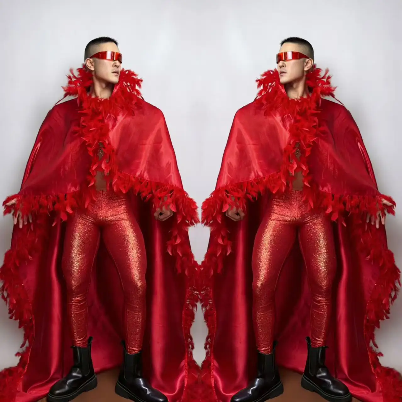 

Men's and Women's Gogo Performace Outfits Sexy Club Dance Costumes with Floor-length cape set
