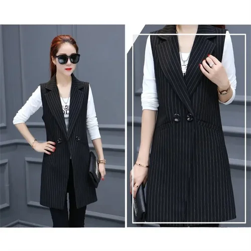 Imagen 2 del producto Chaleco largo sin mangas para mujer, chaqueta de trabajo Formal, Vintage, traje Delgado, talla grande