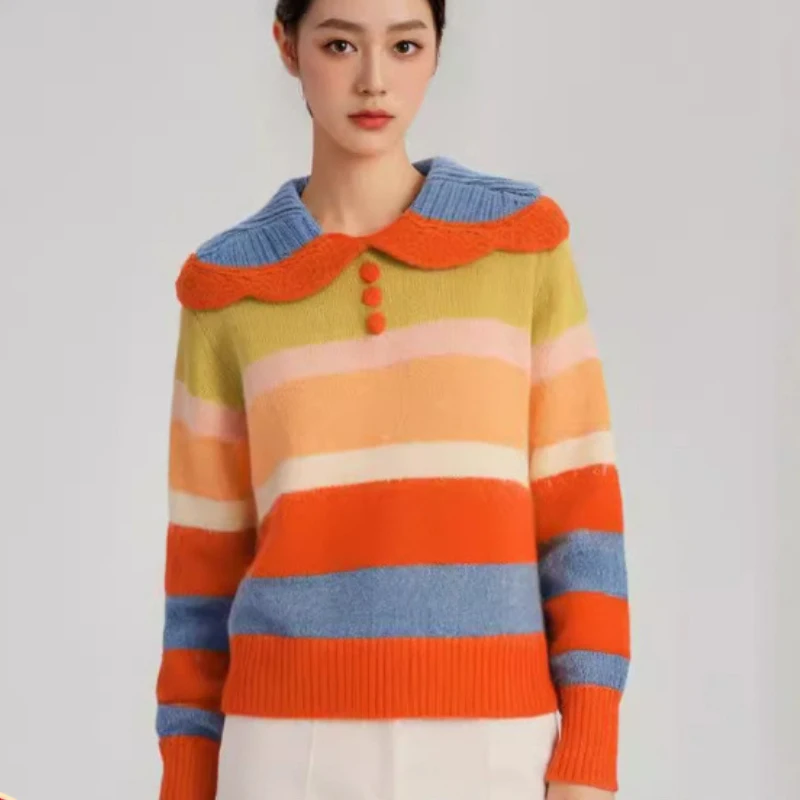 

Весна-осень 2026: Новый милый пуловер с кукольным воротником, в стиле колор-блок, с радужными полосками, вязаный свитер для женщин.