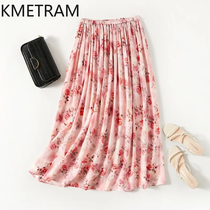 

KMETRAM 100% Real Mulberry Silk Women's Skirts Chic Floral Print Silk Skirt Flowy Summer Long Skirts New Woman Clothes 2026 юбка