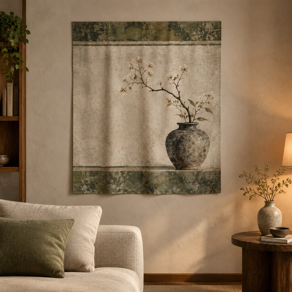 VIKAMA Clay Vase Still Life Twin Bands Tapestry Wall Hanging, Wabi Sabi Wall Art Tapestries for Living Room Bedroom Office Study