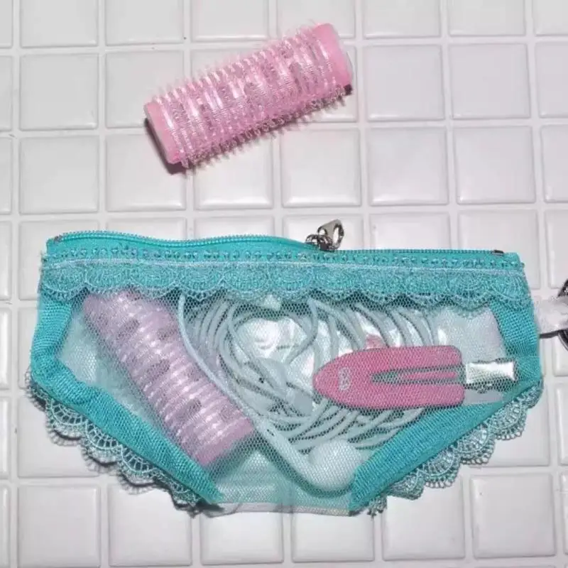 Bolsa de Maquiagem Portátil com Zíper Inspirada em Calcinhas de Renda para Organização Fácil de Cosméticos