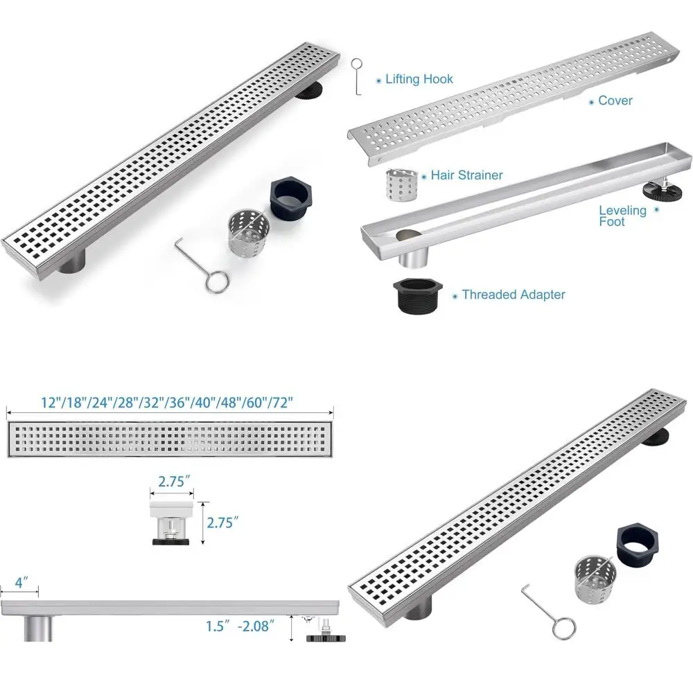 

24 Professional 304 Stainless Steel Shower Drain with Removable Grate, Hair Catcher, and Leveling Feet