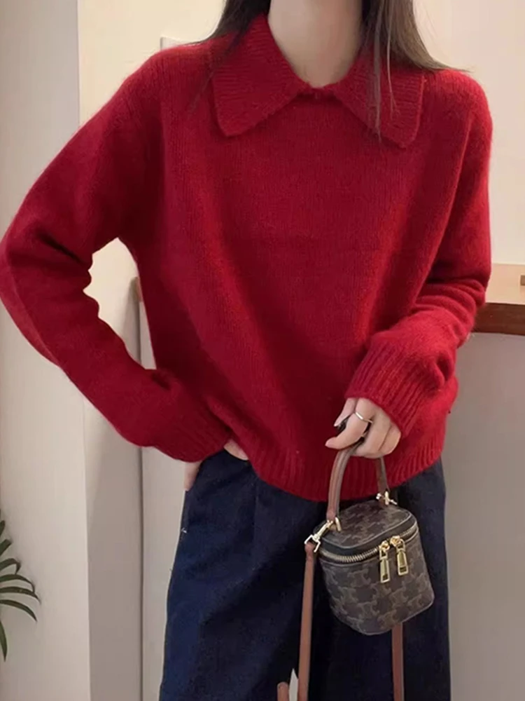 

Модный красный шерстяной вязаный свитер, удобный мягкий универсальный Camere, простой женский свитер с отложным воротником на Новый год