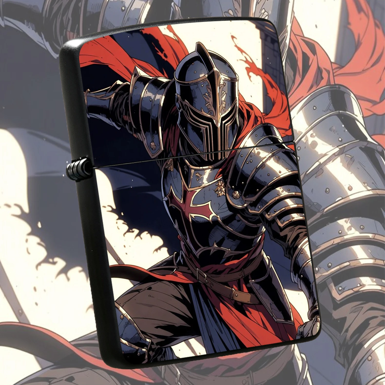 Vintage Knight Themed , High-Definition Printed Medieval Black Armor Knight With Red Cape, Cool Portable Windproof For Men, Ideal For Gifting, Daily Use And Outdoor Camping, Durable Creative Decorative Gadget A Fun And Humorous Lighter