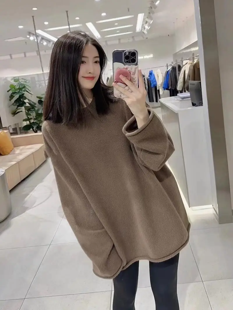 

Thick 100% cashmere sweater in autumn and winter women's round neck long loose lazy knitting sweater tide.