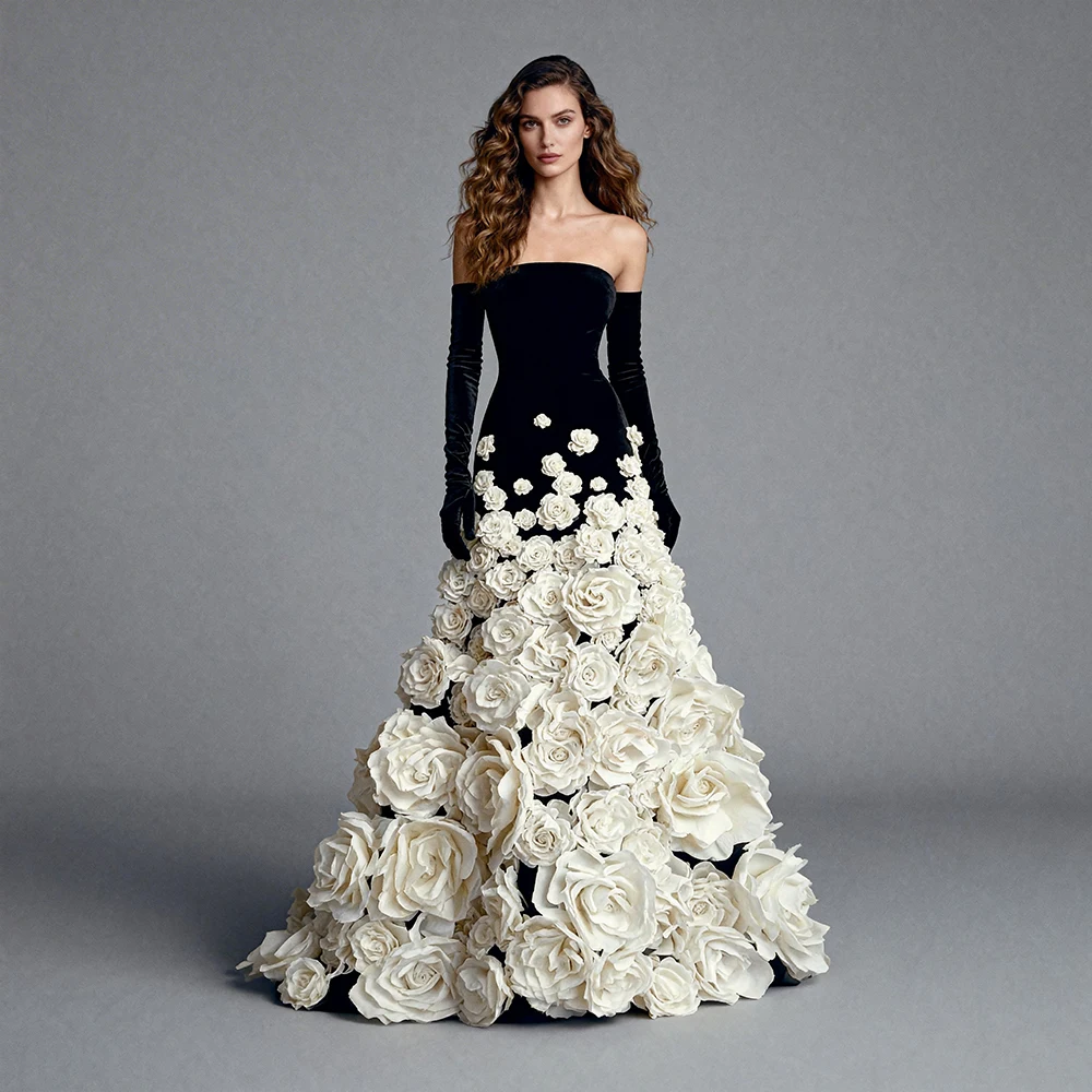 

Wedding Bridesmaids Dress Black Strapless Mermaid Prom Dress with 3D White Floral Appliques Birthday Dresses for Woman ES63262D