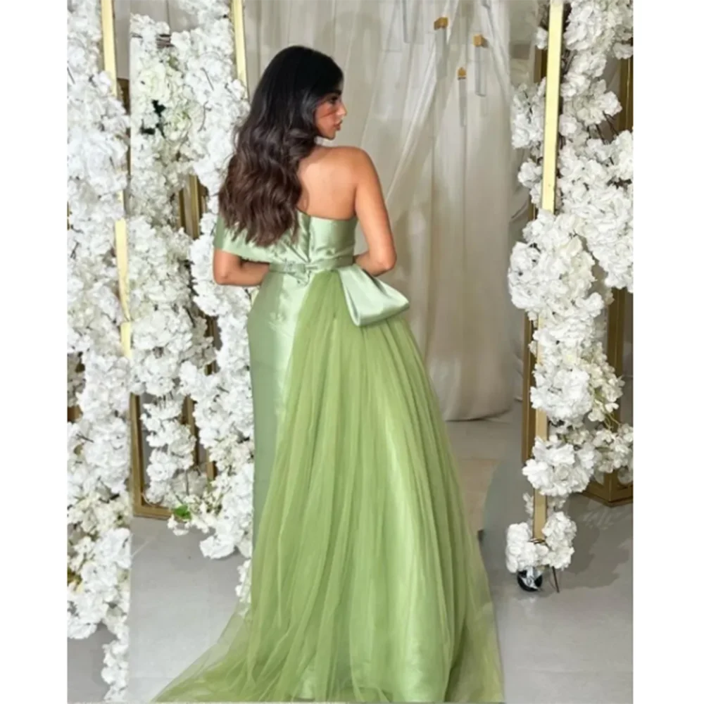 Fashion Chic Exquisite Green Evening Party Dresses One Shoulder Sleeve Strapless Floor Length Shiny High Quality Women Prom Gown