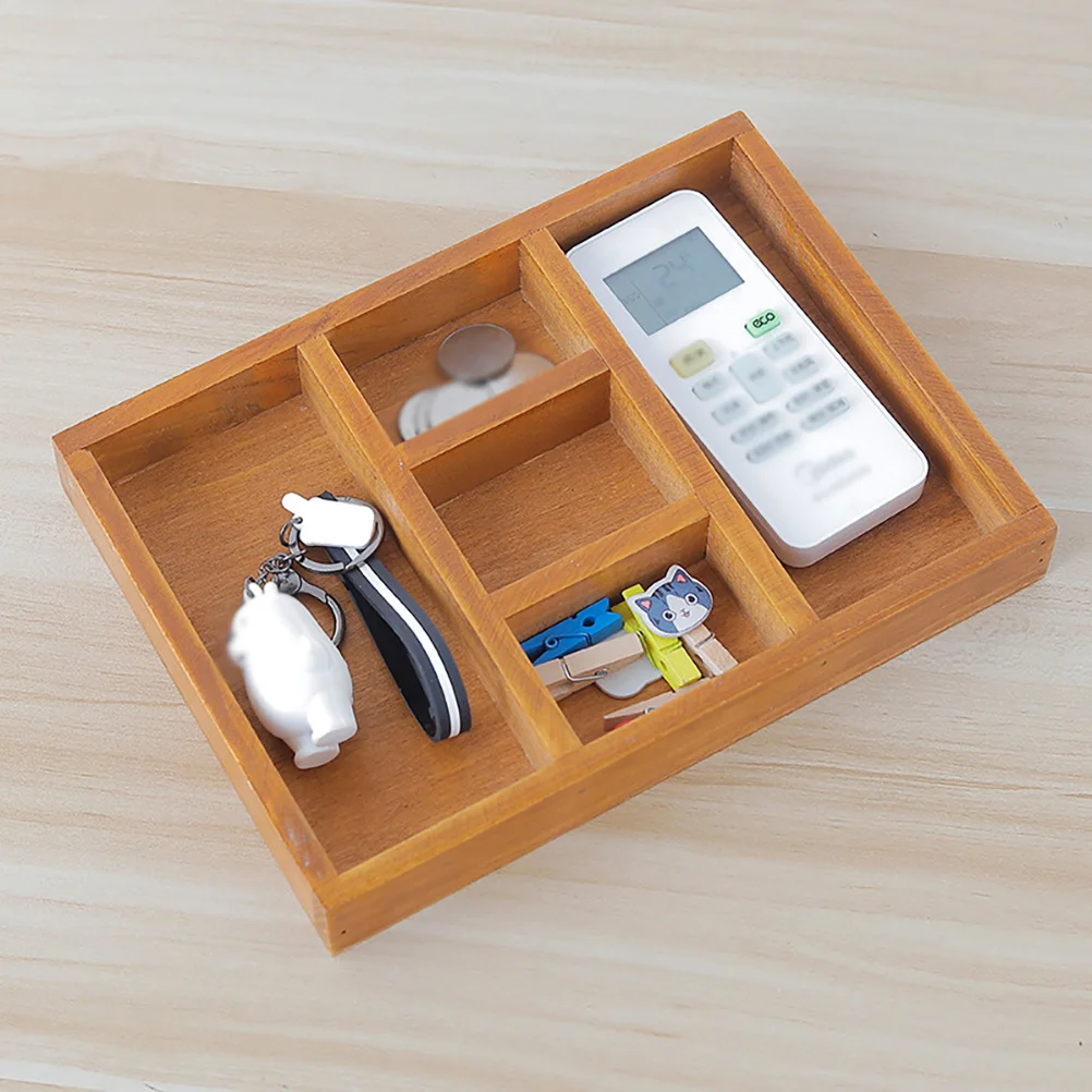 

Vintage 5-Grid Wooden Desktop Storage Box Natural Safe Wood Cutlery Organizer Cosmetics Sundries Tray Tableware Organizer