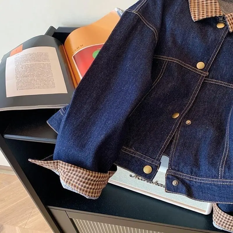 Spring Autumn New Hong Kong Style Lapel Plaid Splicing Denim Short Jacket Women's Small Jacket Top Exquisite Simple Personality