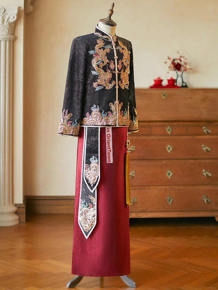 الاحتفال بالزفاف الصيني العريس ثوب الاستقبال نخب الملابس مزدوجة التنين التطريز معطف + تنورة دعوى عرض أزياء الرجال