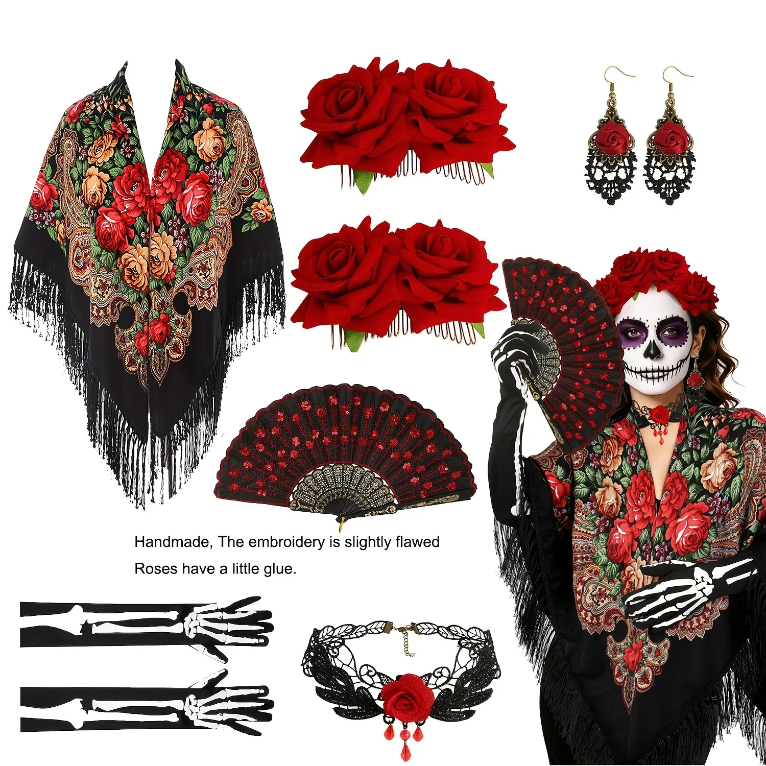7 Pcs Dia de los Muertos Costume Set Traditional Mexican Tassel Shawl Rose Halloween Mexican Shawl Rose Hair Clips Skull Gloves