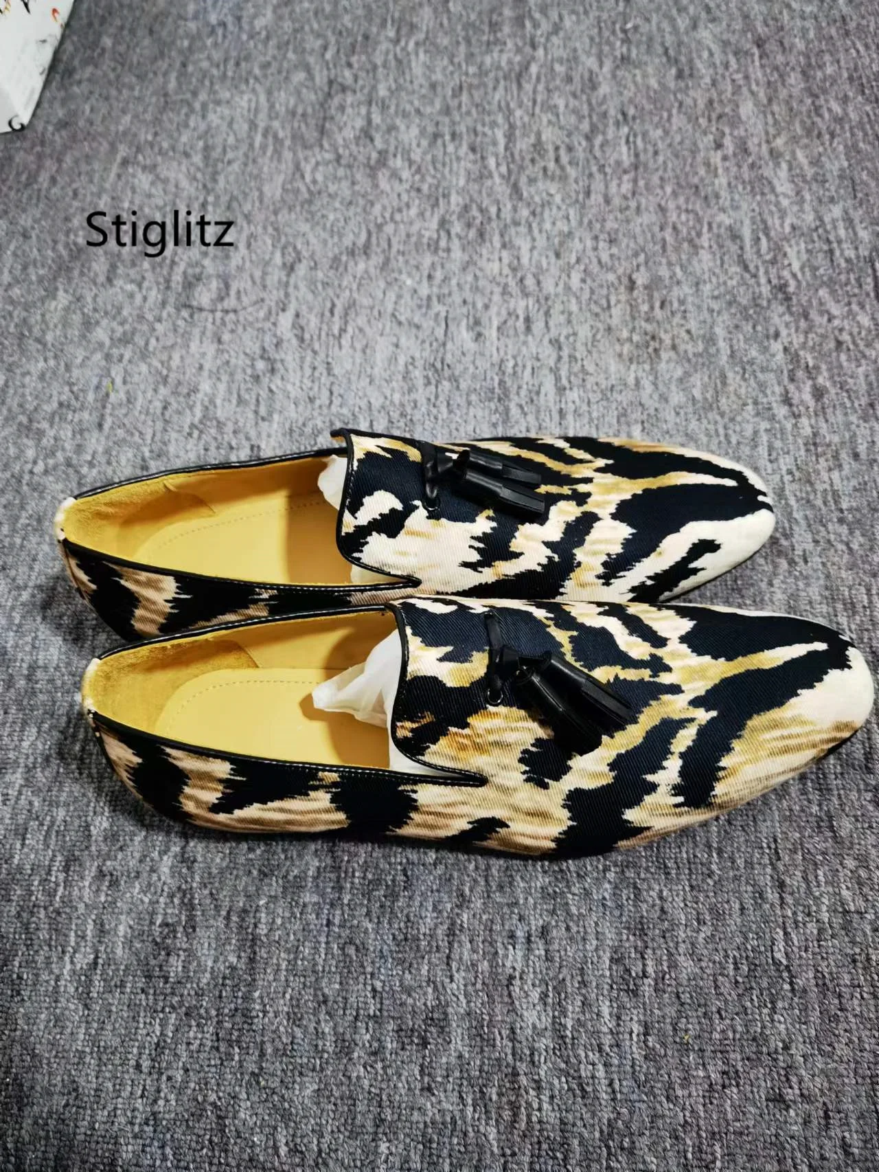 Leopard-Print Horsehair Flat Shoes for Men Loafers Punk Soft Man Shoes Slip On Tassel Runway Party Wedding Dress Shoes Spring