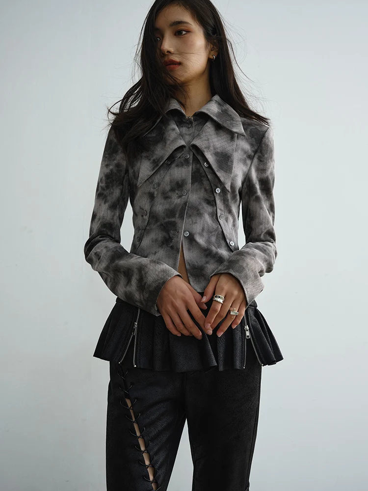 [EAM] Women Gray Tie Dye Double  Layers Short Elegant Blouse New Lapel Long Sleeve Shirt Fashion Tide Spring Autumn 2025 1DH7522