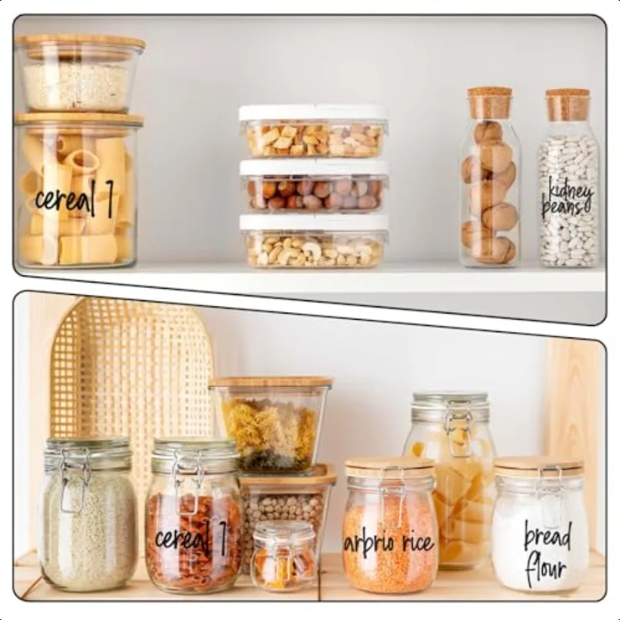 168 قطعة من ملصقات مخزن لحاويات تخزين المواد الغذائية، ملصقات مقاومة لزيت الماء مطبوعة مسبقًا لمرطبانات تنظيم المطبخ B