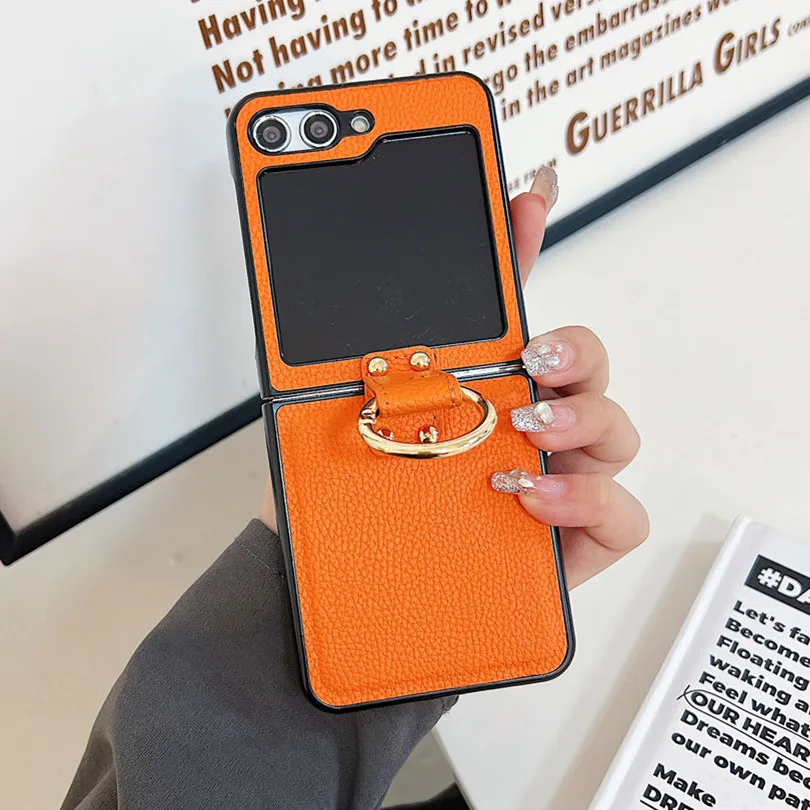 Luxury Orange Leather Phone Case For Samsung Galaxy Z Flip 6 Z Flip5 ZFlip4 Z Flip3 With Gold Metal Finger Ring Protective Cover