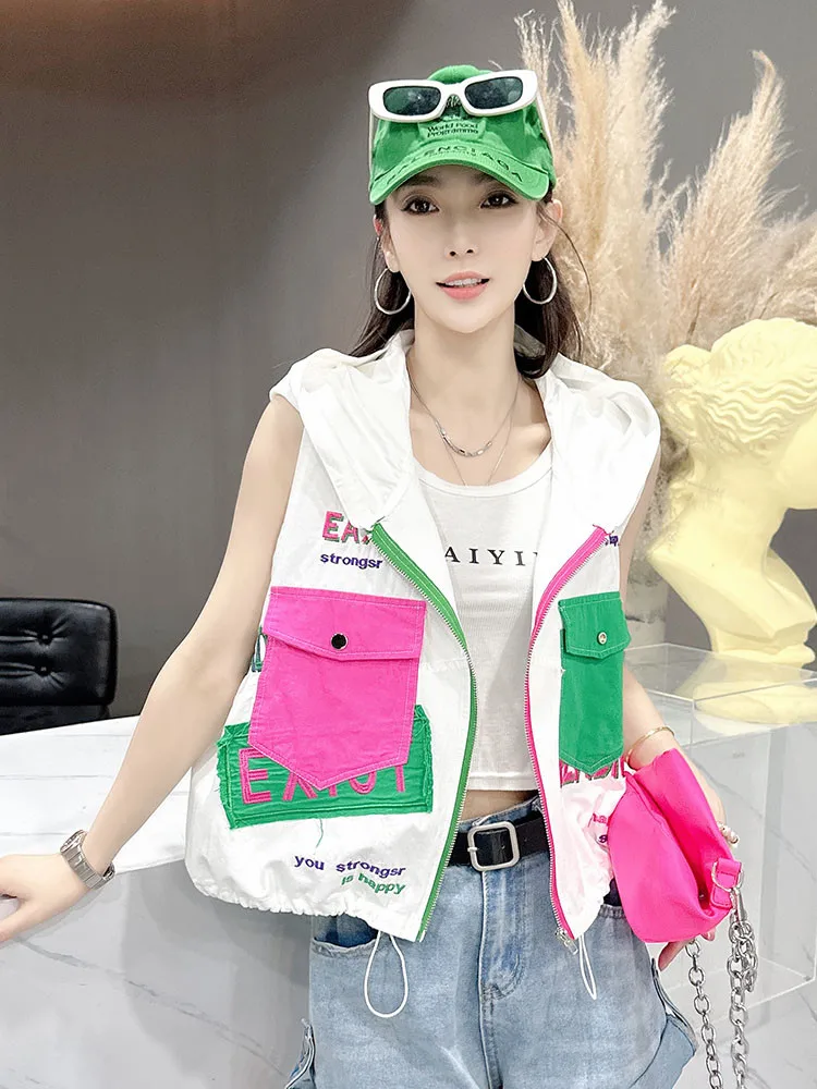 White 2025 women's summer thin vest popular loose and stylish design vest jacket hooded pocket versatile casual vest