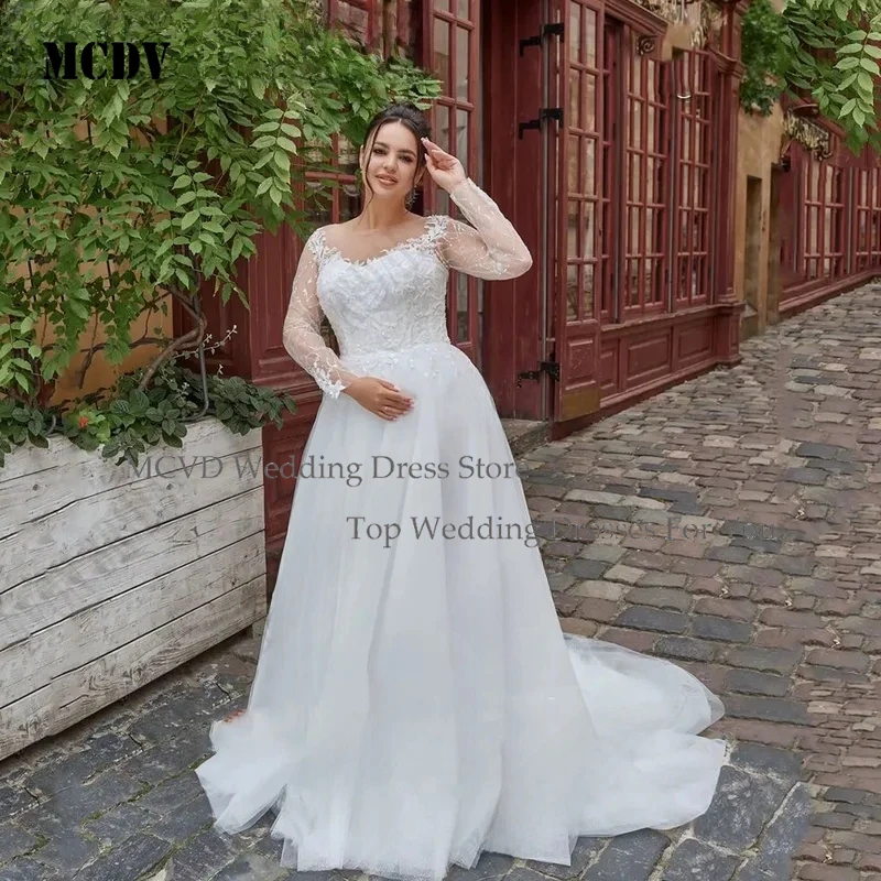 

MCDVWedding Dress for Plus Size Women Long Sleeves A Line Scoop Neck Applique Lace Up Custom Bridal Gown