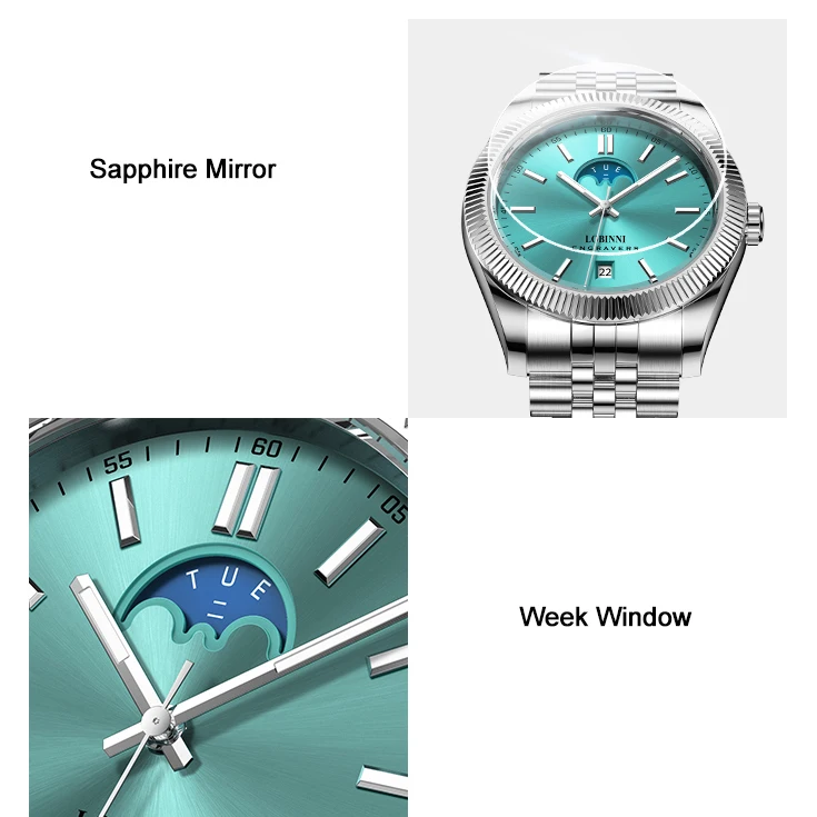 LOBINNI Mannen Automatisch Horloge 40mm Luxe Mechanisch Horloge Mode Lichtgevende 50M Waterdicht Saffier Miyota 8205 Week Datum