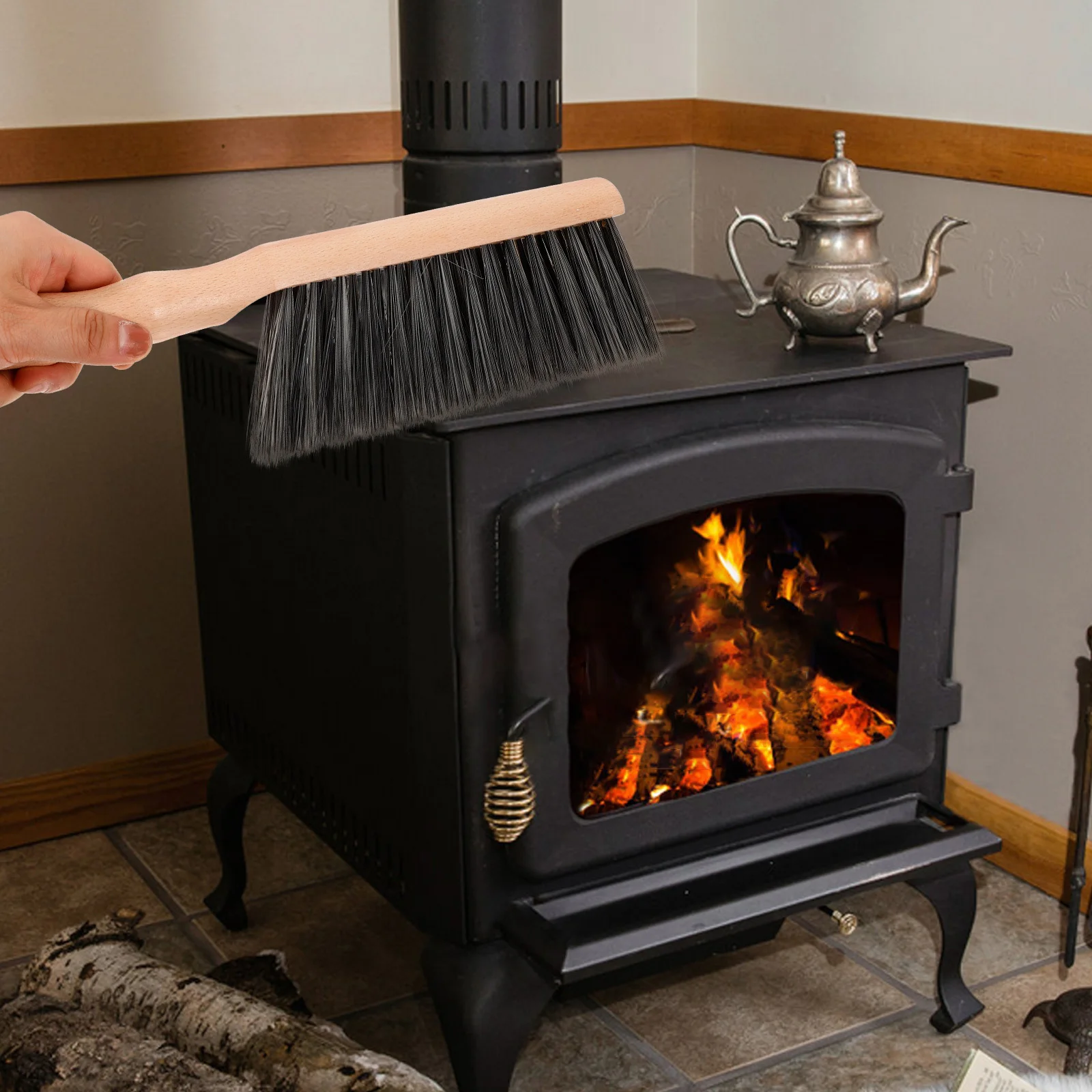 

Fireplace Cleaning Brush Wood Pet Bristles Ergonomic Handle For Hearth Kitchen Grill Cleaning Tool Accessories