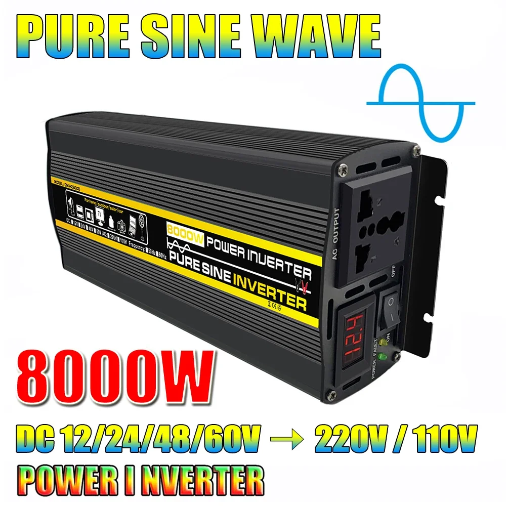 8000W Pure Sine Wave Inverter Car Power Inverter Solar Inverter DC 12V/24/48V/60V to AC 220V Household Use