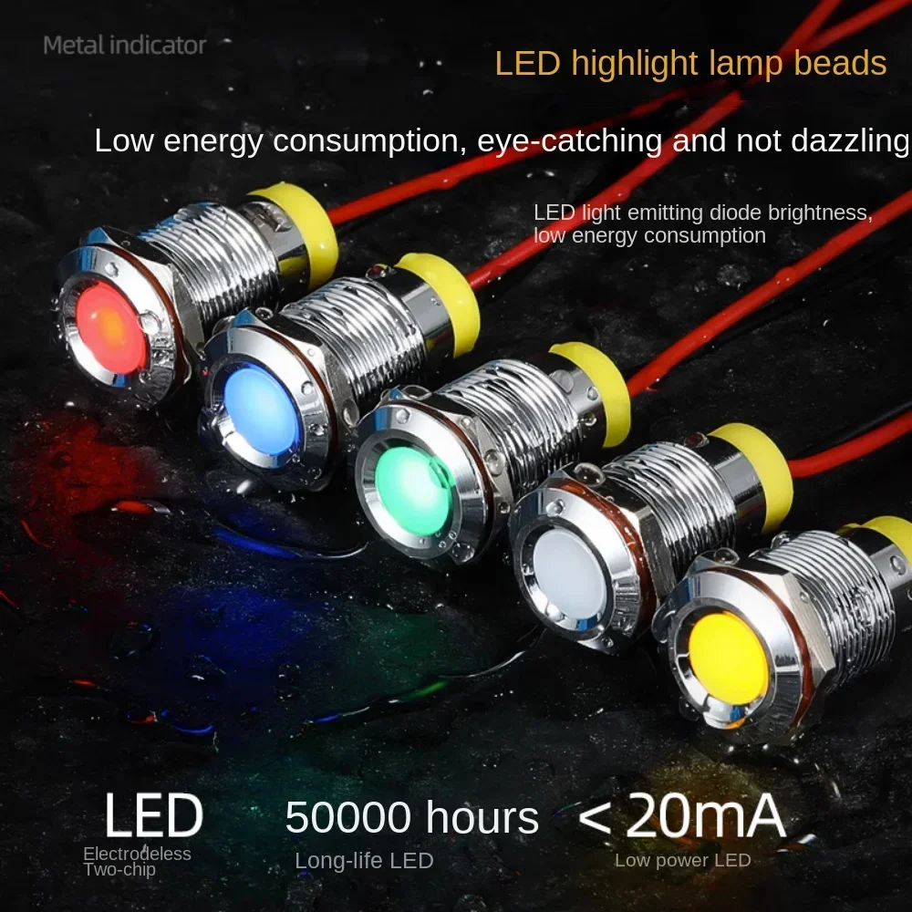 LED Waterproof Metal Indicator Light 6/8/10/12/16/19mm Signal Lamp with Wire 3V 6V 12V Red/Yellow/Blue/ Green/White Metal Button