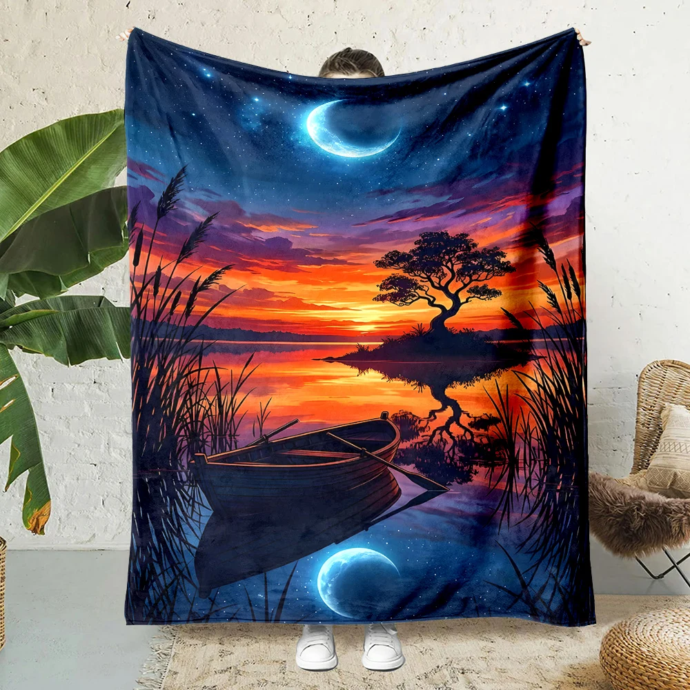 Manta con Estampado de Luna y Estrellas Cálida y Suave para Sofá, Cama, Viajes y Camping
