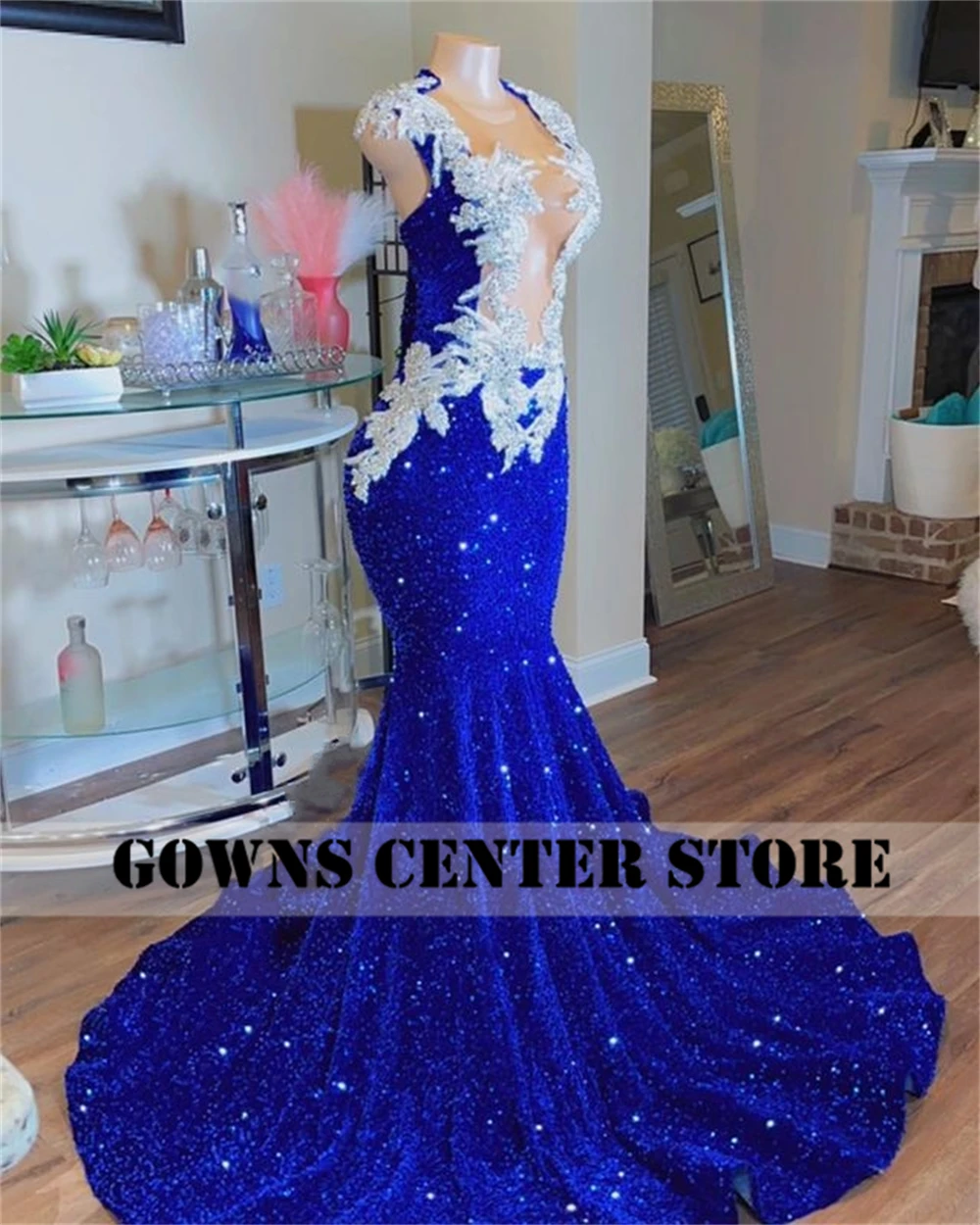 Robe de bal élégante à paillettes bleu Royal pour filles noires, robe de Cocktail sirène avec des appliques de perles argentées, robe d'occasion formelle personnalisée