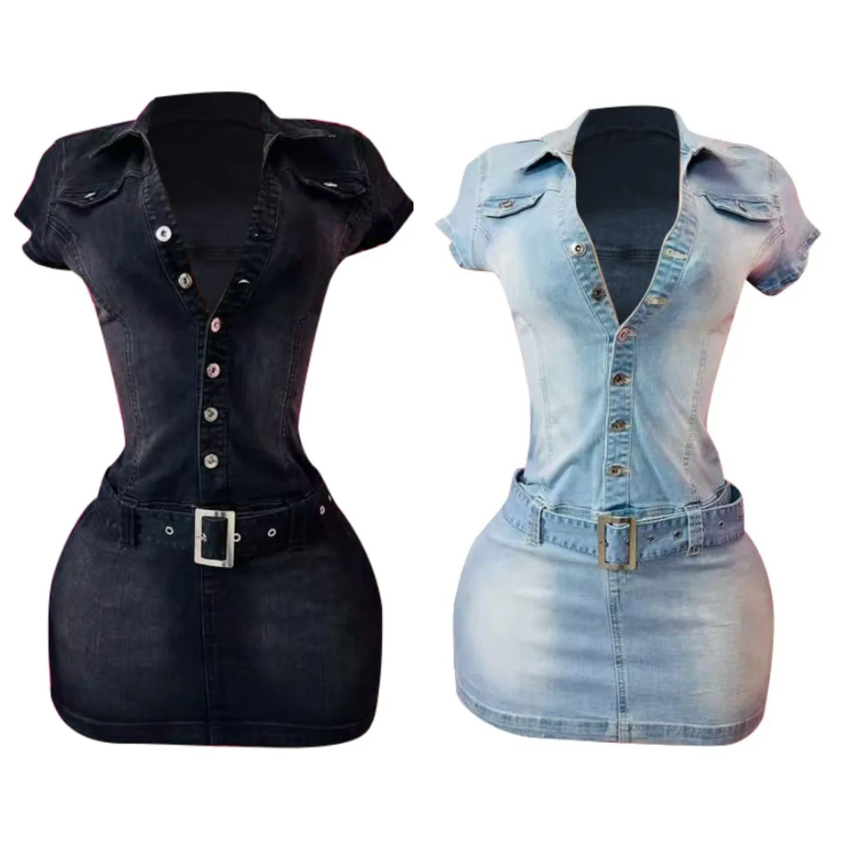 New Denim Short Sleeve Dress Women Modest Sexy Summer Stylish Slim Stretch Acid Wash Vintage Belt Jean Bodycon Dresses