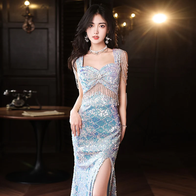 

Элегантное длинное вечернее платье с разрезом, бахромой и пайетками для женщин, корейский стиль, для новогодних вечеринок