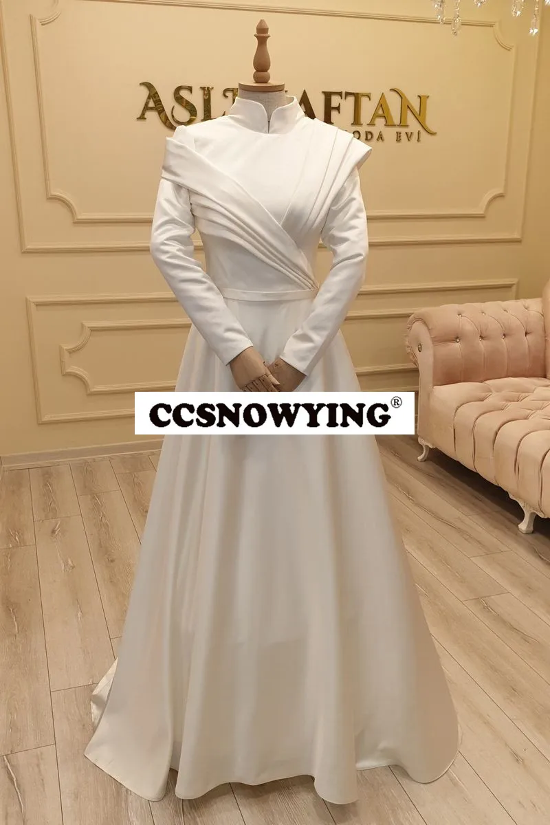 

Simple Satin Long Sleeve Muslim Wedding Dresses High Neck Moroccan Caftan Hijab Wedding Bridal Gown A Line Robes De Soirée